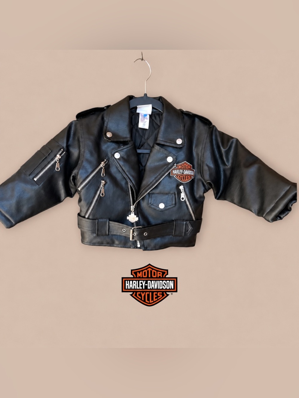 Harley-Davidson Black Kids Faux Leather Moto Bomber Jacket with Orange Patch